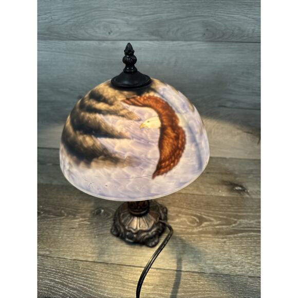 JEFFERSON STYLE REVERSE Hand Painted TABLE LAMP W/Glass Shade & Metal Base 14”
